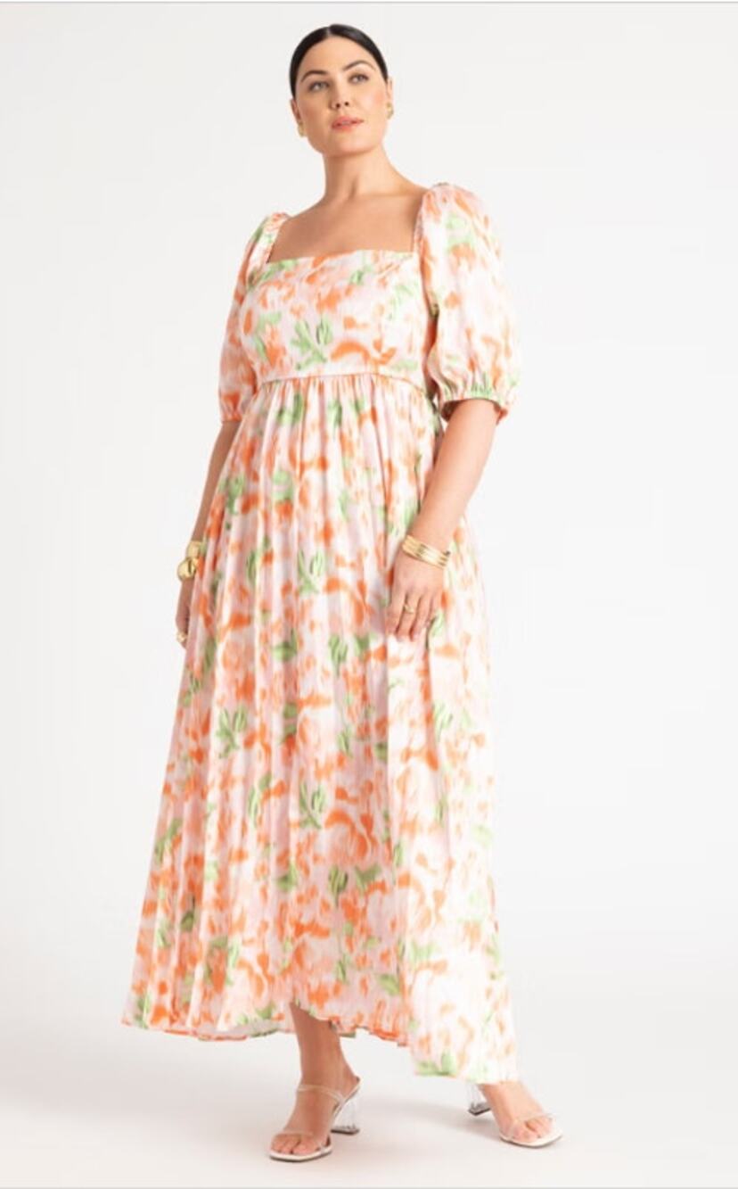 ELOQUII Puff Sleeve Pleated Maxi Dress Babydoll Milkmaid Garden Sz 20